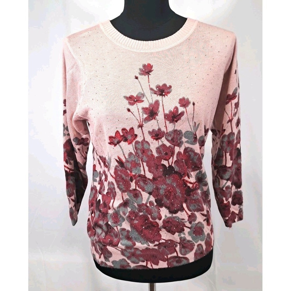 C.D. Petites Womens Pink‎ Floral Rhinestone Crew Neck 3/4 Sleeve Sweater PM